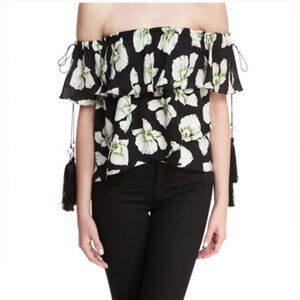 Cinq a Sept Kahlia Off Shoulder Floral Ruffle Silk Top